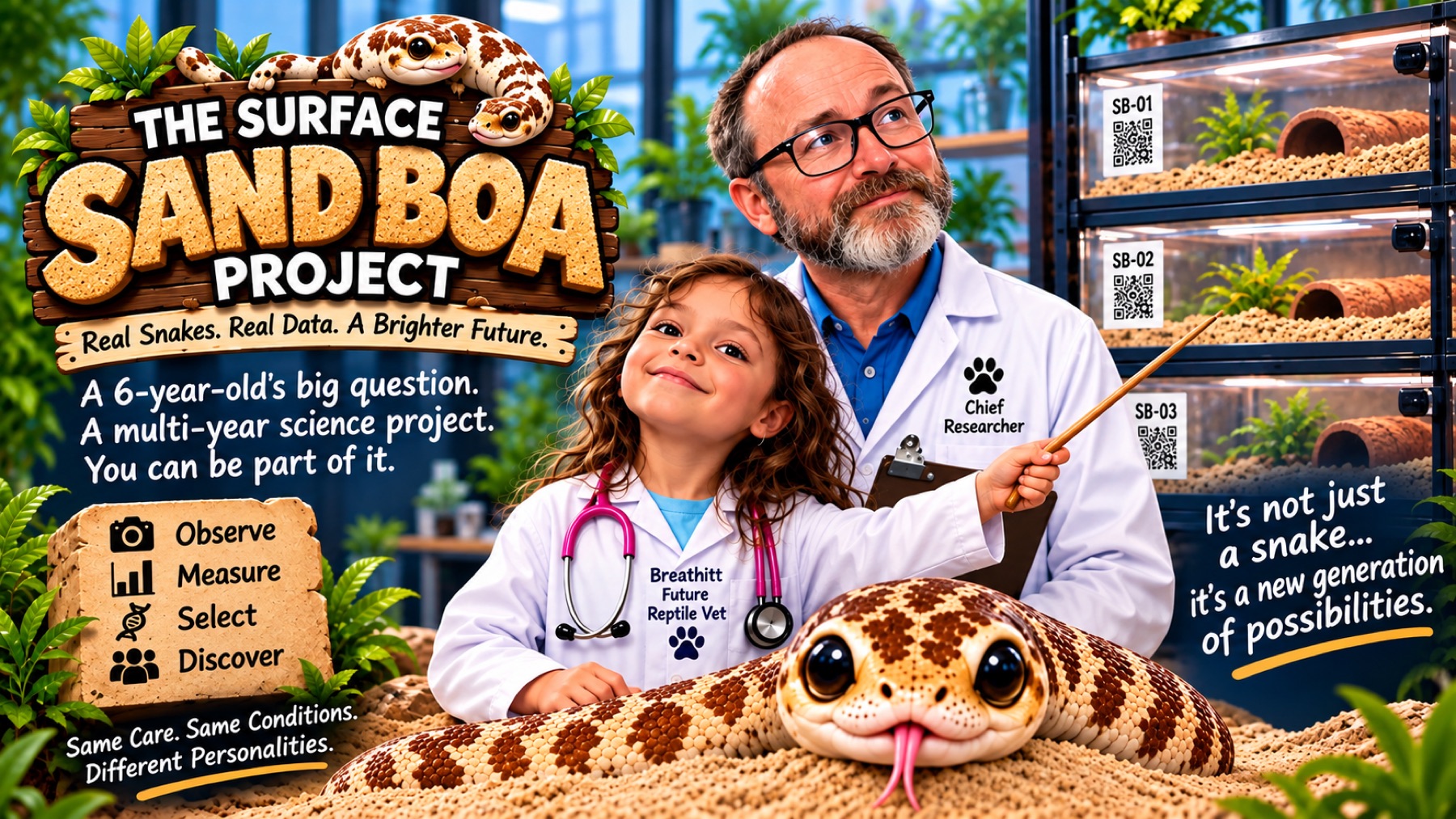 Breathitt and her dad beside the observation rack, with a Kenyan sand boa on the sand